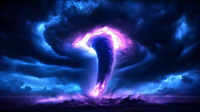 A dramatic and vibrant depiction of a tornado surrounded by dark storm clouds and lightning.
