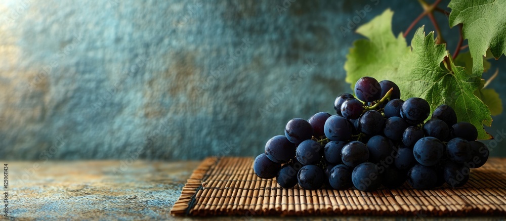 Poster fresh grapes on a rustic mat with a textured background highlighting their rich color and natural be