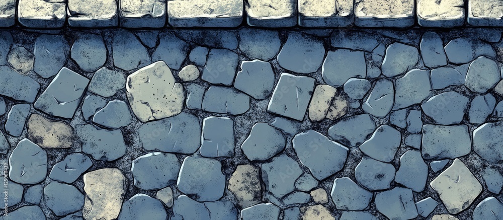 Poster Paved cobblestone road design in 2D style with textured surface and blank area for text placement or graphic overlay
