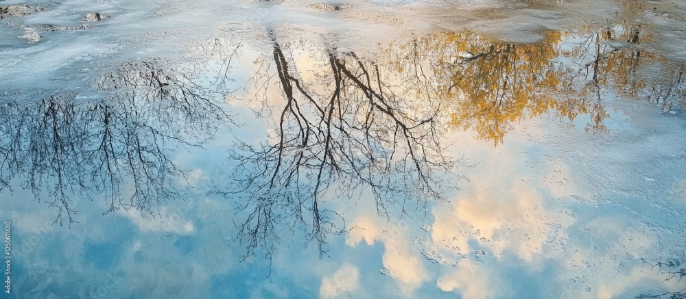 Poster reflections of trees and clouds in a serene pond beneath ice creating a tranquil winter landscape.