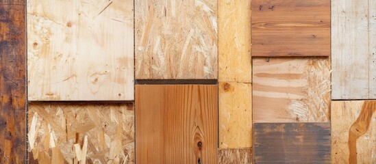 Assorted plywood boards in various textures and colors creating a rustic background for design and construction projects