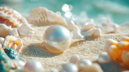 Colorful sea shells and pearl on sandy beach creating a tranquil marine vacation setting perfect for summer relaxation and seaside adventure.