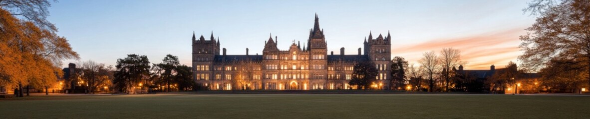 Fototapeta premium Gothic Revival Architecture Ornate Brickwork with Academic Spires and Landscaped Grounds - Heritage Tourism Content and Educational Branding in Institutional Marketing