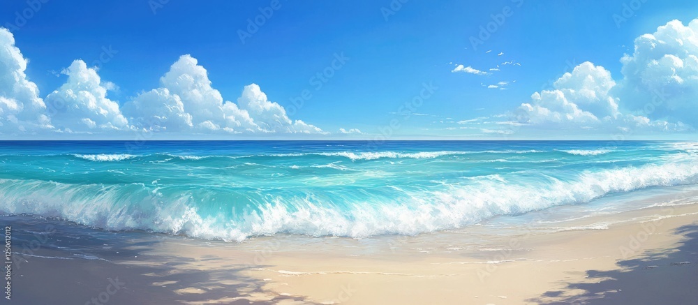 Poster serene ocean waves lapping at a sandy beach under a clear blue sky with fluffy clouds creating a tra