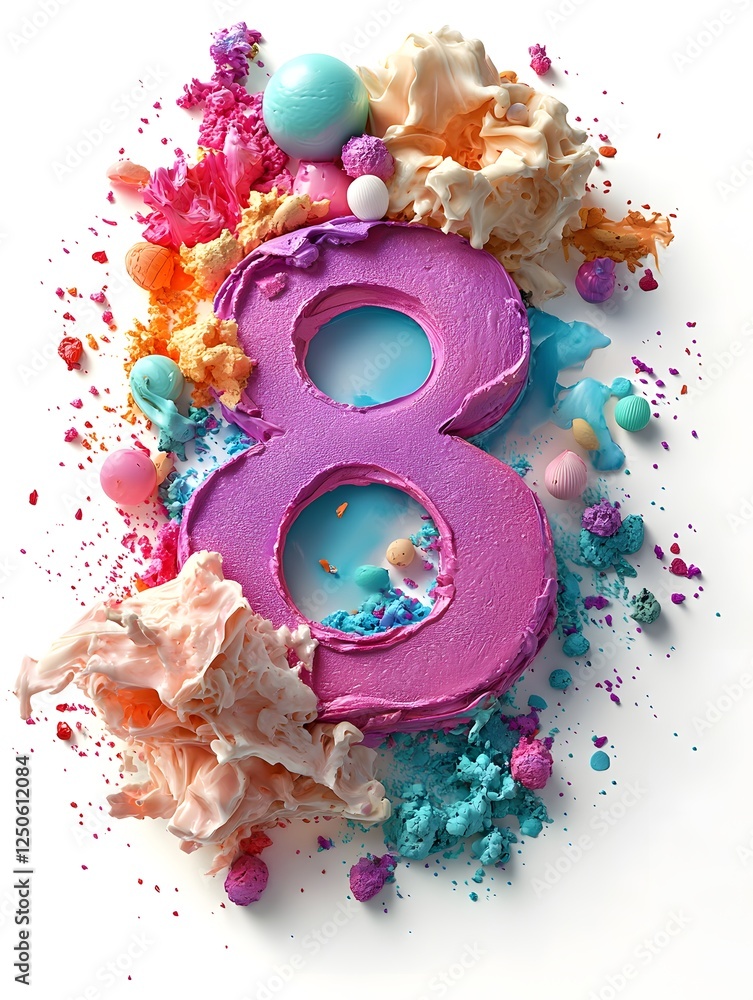 Poster vibrant and dynamic powder explosion in a spectrum of bright colorful hues with a bold number 8 figu