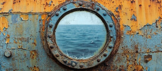 Rusty ship porthole with ocean view showcasing weathered metal textures and marine environment reflections for nautical design concepts.