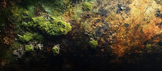 Textured wall featuring water stains and moss, showcasing a blend of earthy tones and organic growth in a weathered, rustic setting.