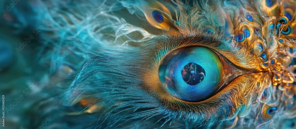 Poster vibrant peacock feather resembling a mesmerizing eye with intricate colors and patterns creating an 