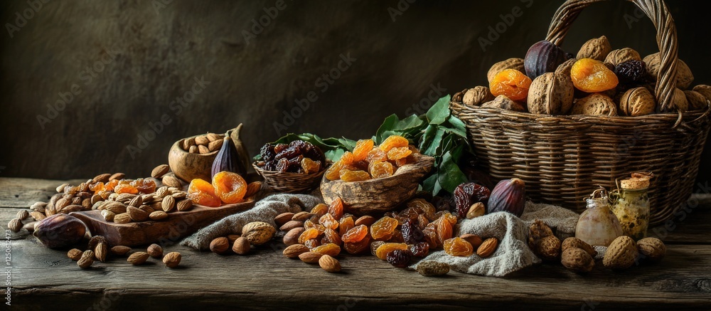 Aufkleber assorted dried fruits and nuts in rustic setting with wooden bowls and baskets capturing the essence