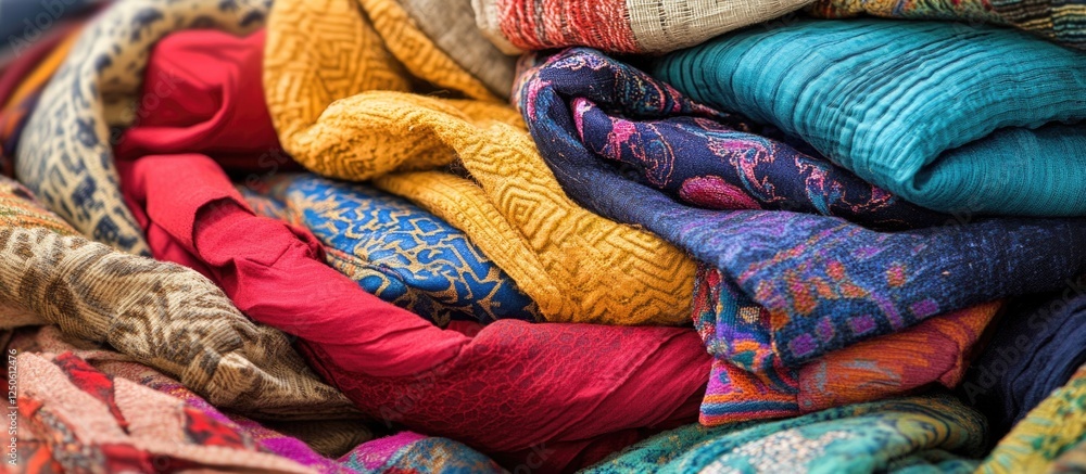 Poster vibrant stack of colorful textiles showcasing rich patterns and textures in a beautifully arranged d