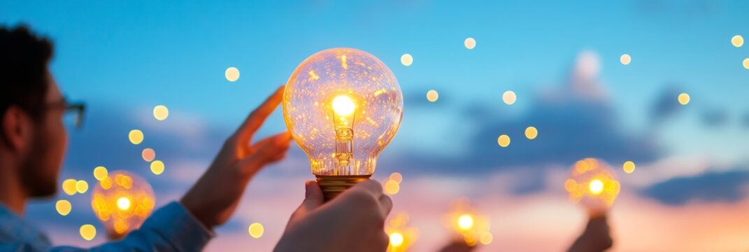 Harmonious Team Dynamics Illuminated Bulbs Against Twilight Sky - Creative Strategy Workshops and Interactive Corporate Facilitation for Enhanced Engagement