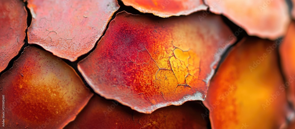 Poster close-up of peeling rusty iron surface creating an abstract textured pattern with vibrant colors and