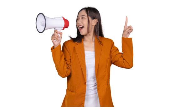 Portrait of Young Businesswoman with Megaphone Isolated Transparent