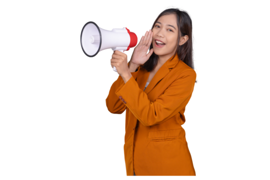 Portrait of Young Businesswoman with Megaphone Isolated Transparent