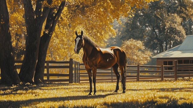 Majestic Oryol Trotter Horse Standing in Sunlit Paddock Surrounded by Autumn Foliage and Rustic Barn in the Background