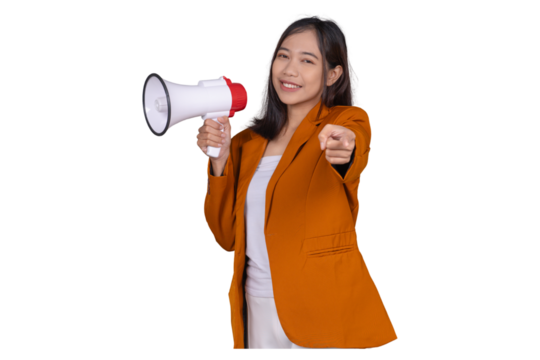 Portrait of Young Businesswoman with Megaphone Isolated Transparent