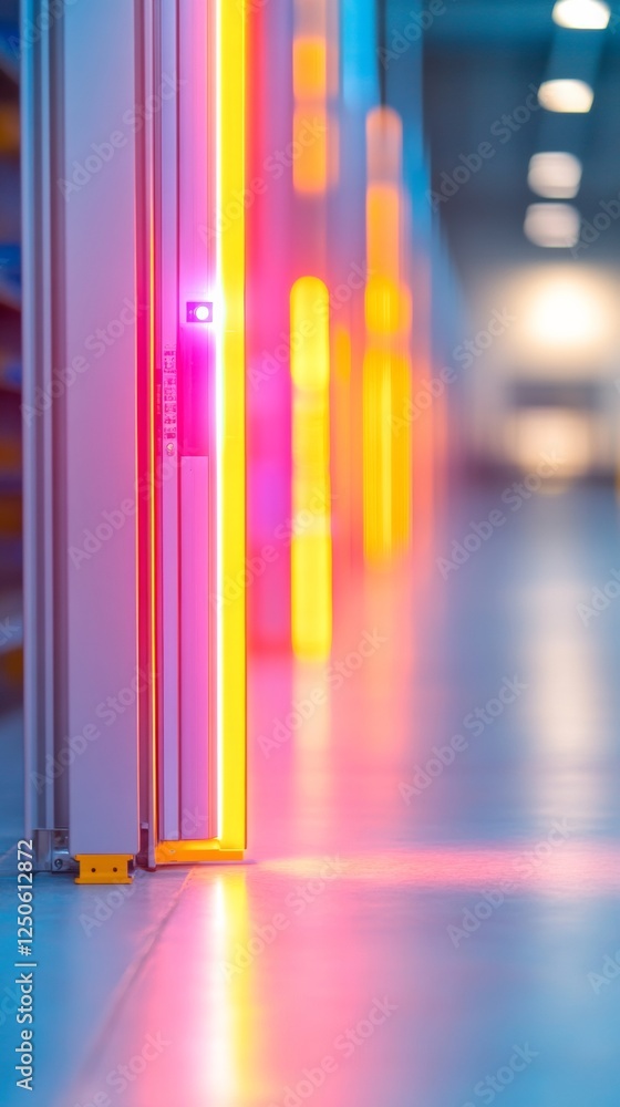 Aufkleber Neon-Lit High-Tech Warehouse Aisle Sleek Shelving Systems and Automated Precision for Modern Logistics and Efficient Storage in Industrial Automation Spaces