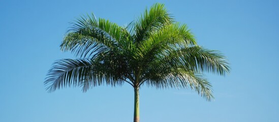 Fototapeta premium Palm tree against clear blue sky with ample copy space for advertising or promotional text. Ideal for tropical or leisure themes.