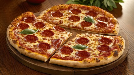 Delicious two pepperoni and basil pizzas fresh out of the oven, ready to be enjoyed!
