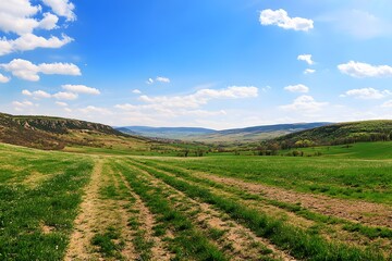 Spring field, tire tracks, valley, sunny sky, pastoral landscape, travel brochure