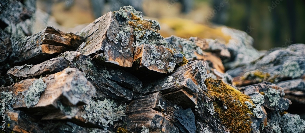 Poster stack of aged weathered logs covered in moss showcasing intricate textures and natural patterns in a