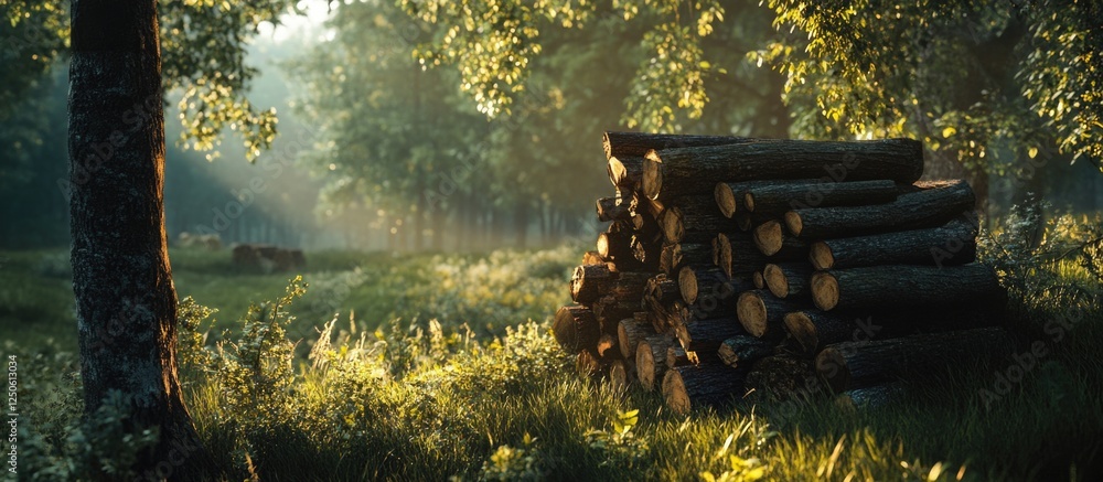 Poster stack of timber in serene forest setting bathed in morning light with lush greenery and soft shadows