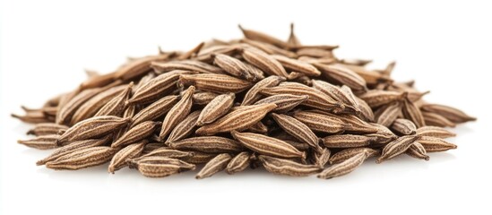 Organic black cumin seeds stacked on white background showcasing their unique texture and color for culinary and health applications.