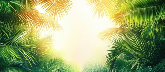 Lush palm trees silhouetted against sunlight creating a serene tropical backdrop for summer vacation themes in design and media.