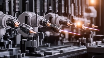 Fototapeta premium Close-up of industrial machinery with laser components in operation.