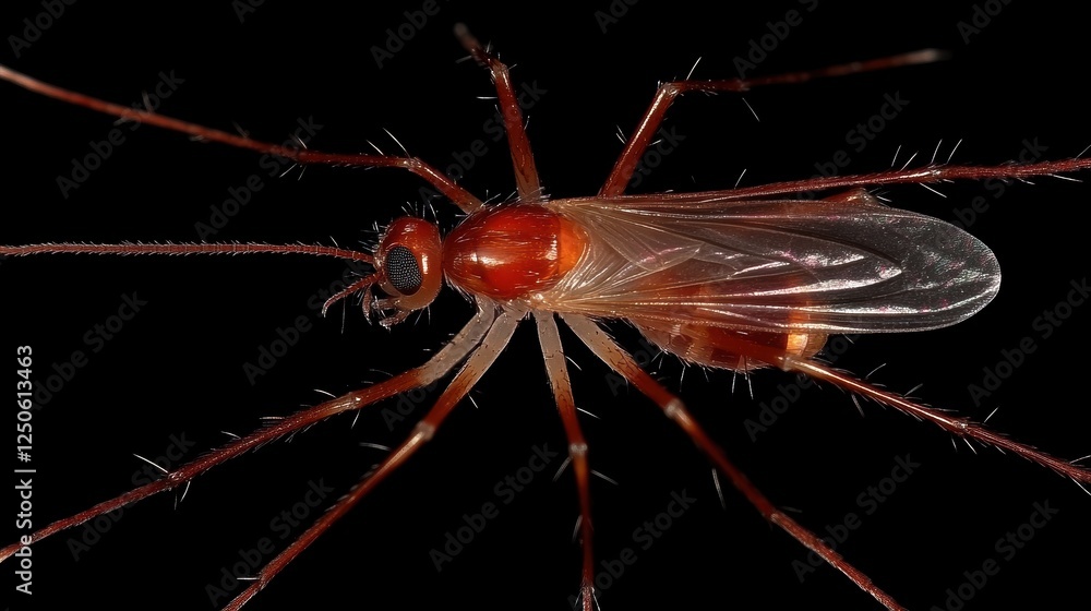 Poster close-up image of a small insect with transparent wings and reddish body.