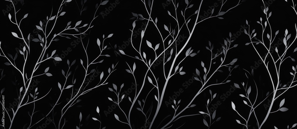 Poster silhouetted tree branches with delicate leaves against a black background creating a striking and el