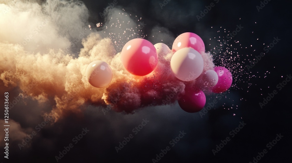 Poster dynamic explosion of colorful balloons surrounded by dramatic smoke and dust in a visual display of 