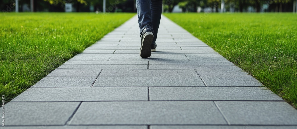 Poster person walking on a well-paved sidewalk surrounded by green grass with space for text or branding on