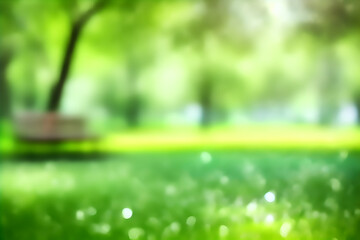 Fototapeta premium Blurred landscape in park with plants and trees on background. Nature with green grass in sun day. Blur natural background