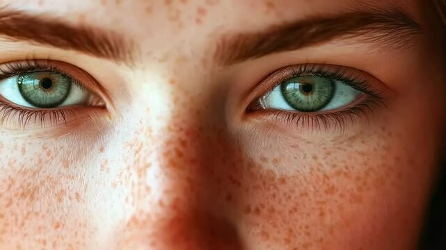 Captivating closeup of expressive green eyes with freckles in natural light