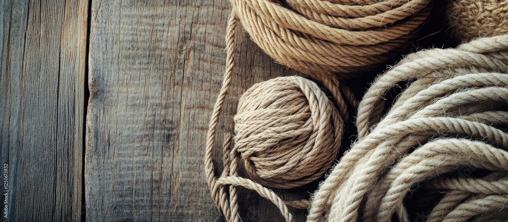 Poster natural twine and rope in various textures and sizes arranged on a rustic wooden background for craf