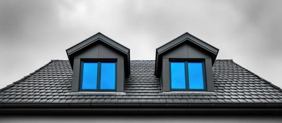 Modern dormer windows with blue glass on a tiled roof under a dramatic grey sky providing space for copy design or text overlay.