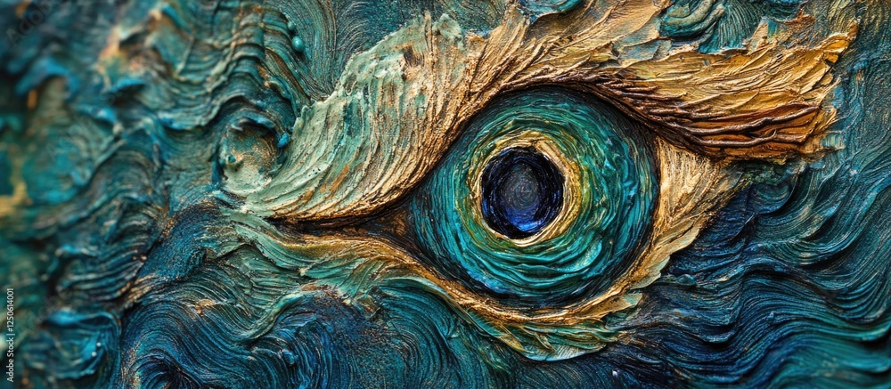 Poster peacock feather design symbolizing an eye with vibrant colors and intricate textures in nature inspi