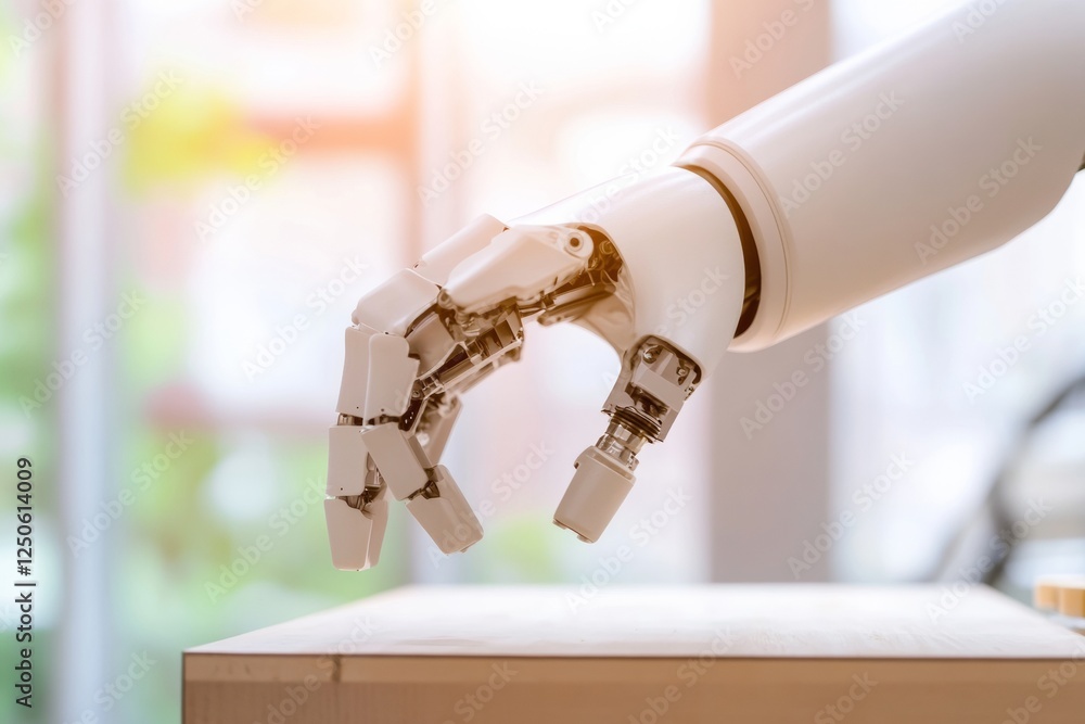 Aufkleber Futuristic Industrial Robotics Sleek White Mechanical Arm in Smart Factory - Precision Automation for Advanced Manufacturing and IoT Integration, Cutting-Edge Technology in Modern Industry