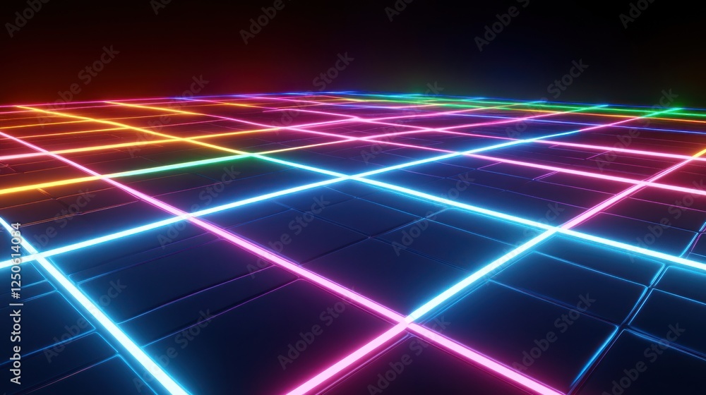 Poster vibrant neon grid: an abstract display of colorful lines and dark tiles