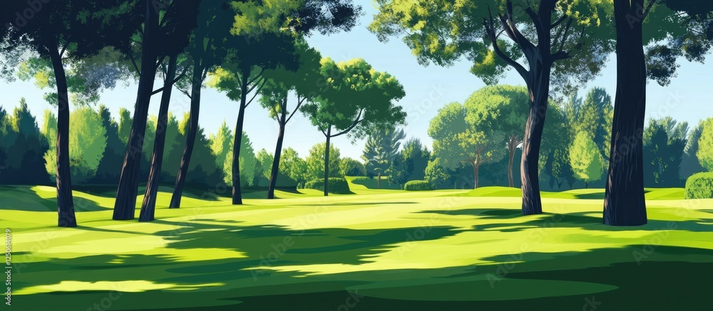 Poster pine trees providing shade in a sunny park setting with an empty space for text and vibrant green gr