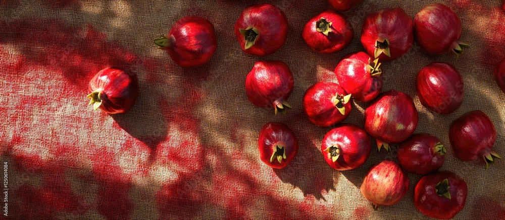 Poster pomegranates scattered on a vibrant red burlap background showcasing their rich color and texture in