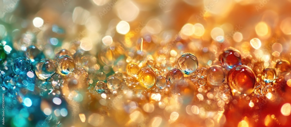 Poster vibrant bokeh lights reflecting through colorful droplets creating an abstract and dreamy background