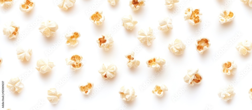 Poster top view of scattered popcorn kernels on a white background creating a playful and appetizing snack 