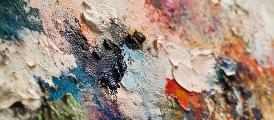 Fototapeta premium Artistic palette with vibrant paint textures and a painter's brush showcasing the beauty of color mixing and creativity in painting.