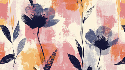 "Abstract blooming flower design featuring a seamless floral pattern. Grunge-textured vector art with watercolor-style flowers and plants."

