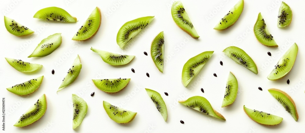 Poster sliced kiwi fruit pieces arranged on a white background creating a fresh and vibrant pattern for cul