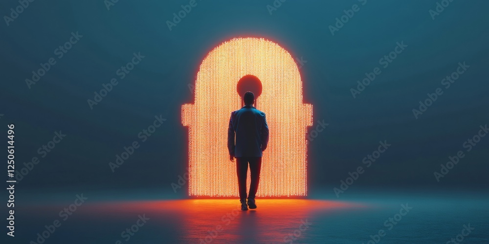Poster futuristic cybersecurity installation silhouette against neon lock doorway on digital code backgroun