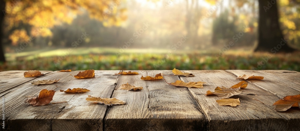 Poster autumn scene with dry leaves scattered on a wooden surface and a sunlit background creating a warm a