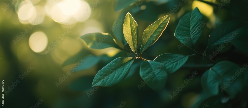 Poster green leaves illuminated by sunlight with a bokeh effect in a serene spring or summer nature setting